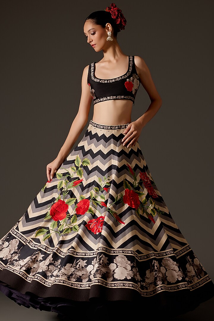 Black Chanderi Digital Printed & Machine Embroidered Bridal Lehenga Set by Rohit Bal at Pernia's Pop Up Shop