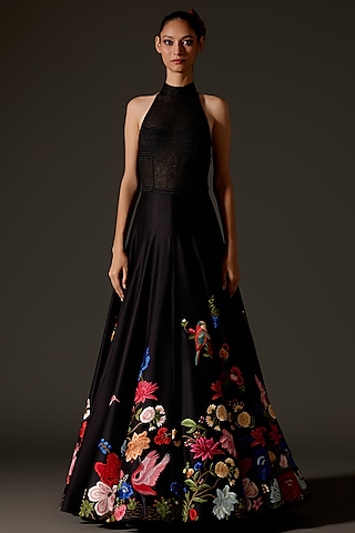 Black Chanderi Hand Embroidered Anarkali Set by Rohit Bal
