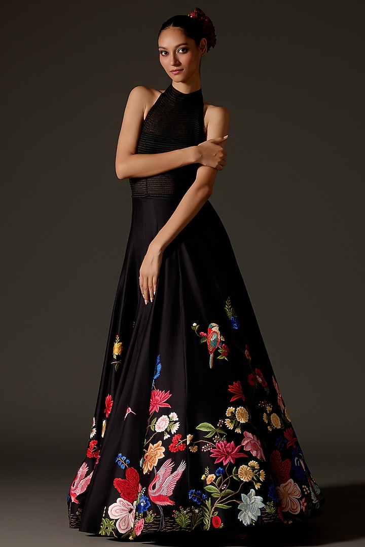 Black Chanderi Hand Embroidered Bridal Anarkali Set by Rohit Bal at Pernia's Pop Up Shop