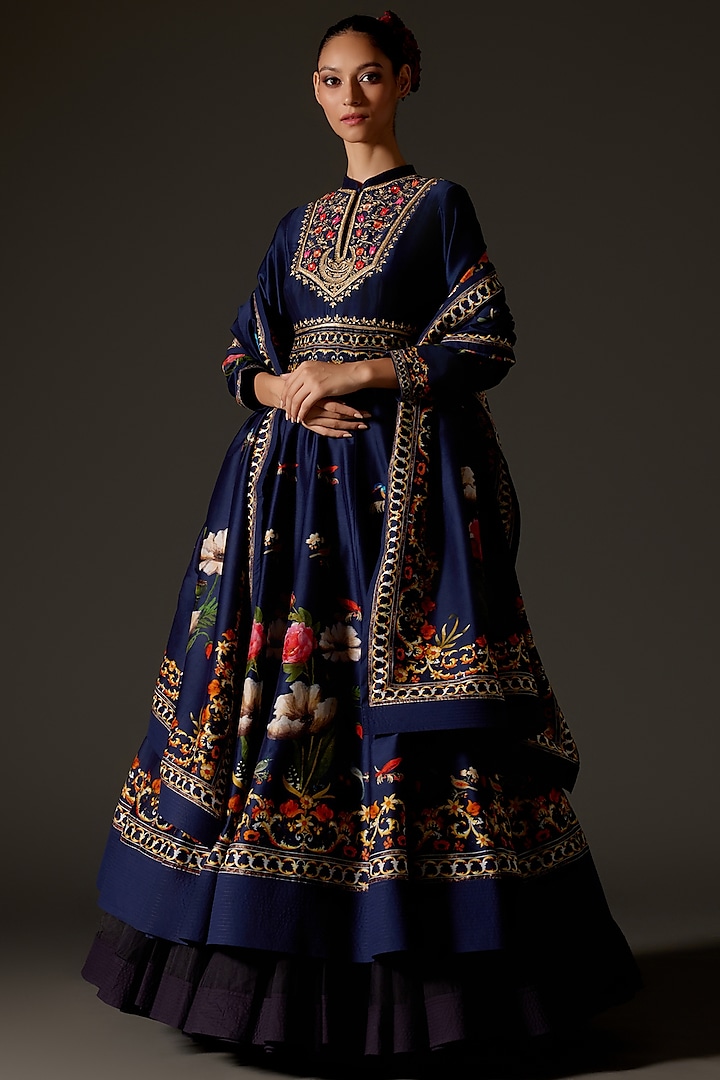 Indigo Chanderi Digital Printed & Hand Embroidered Anarkali Set by Rohit Bal at Pernia's Pop Up Shop