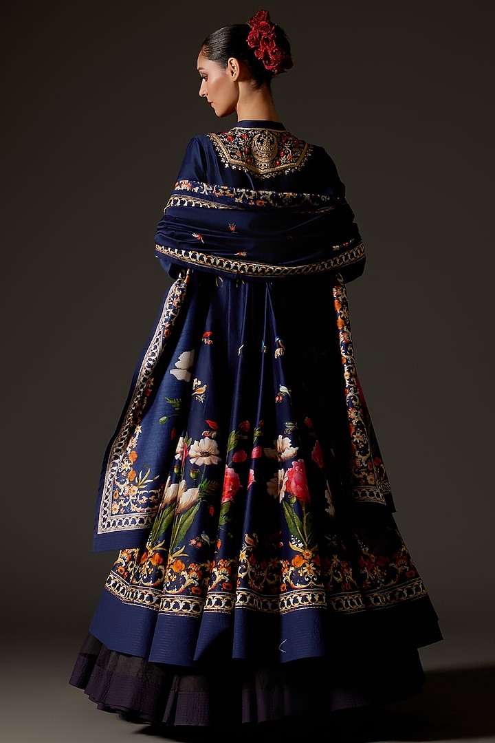 Indigo Chanderi Digital Printed & Hand Embroidered Bridal Anarkali Set by Rohit Bal at Pernia's Pop Up Shop
