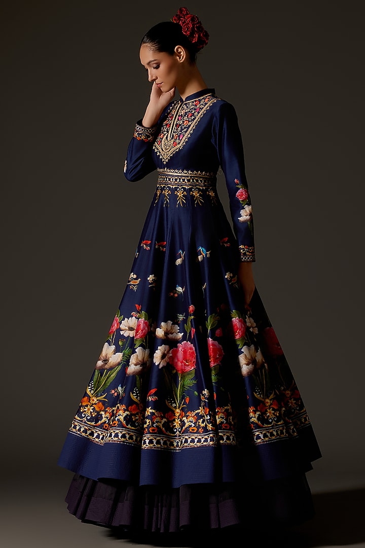 Indigo Chanderi Digital Printed & Hand Embroidered Bridal Anarkali Set by Rohit Bal at Pernia's Pop Up Shop