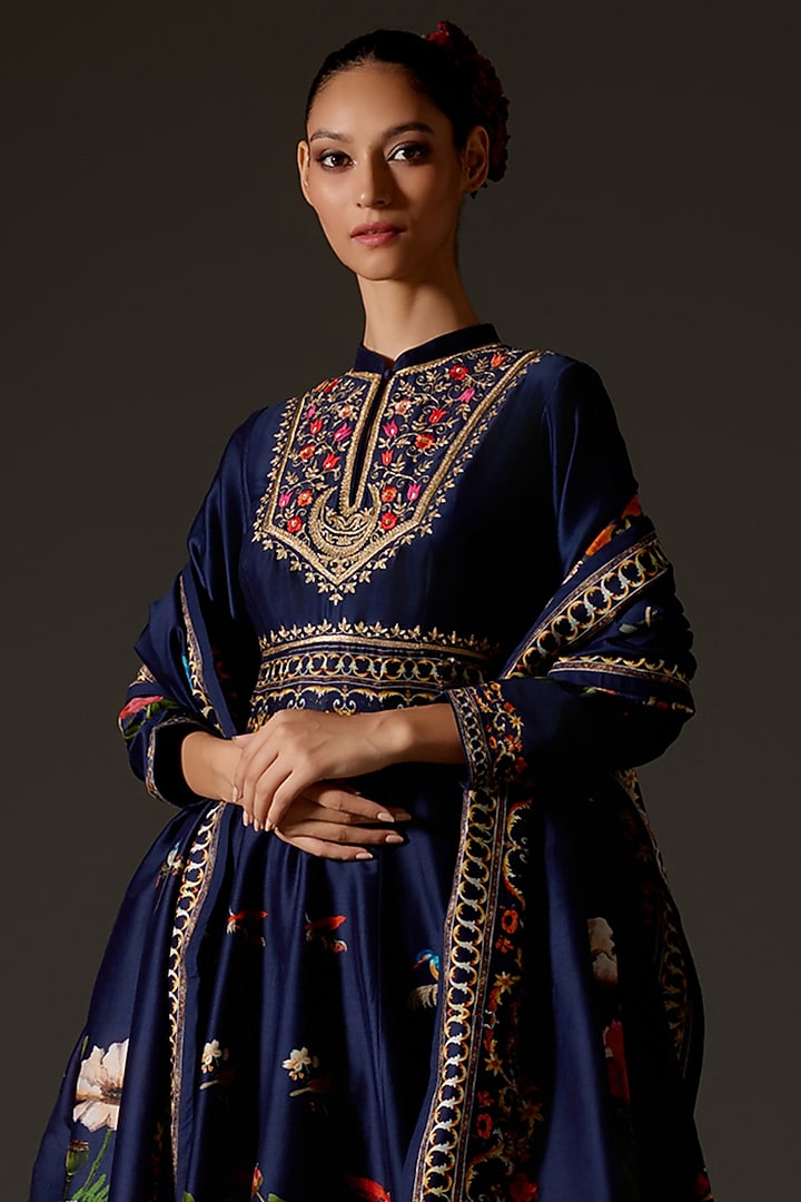 Indigo Chanderi Digital Printed & Hand Embroidered Bridal Anarkali Set by Rohit Bal at Pernia's Pop Up Shop