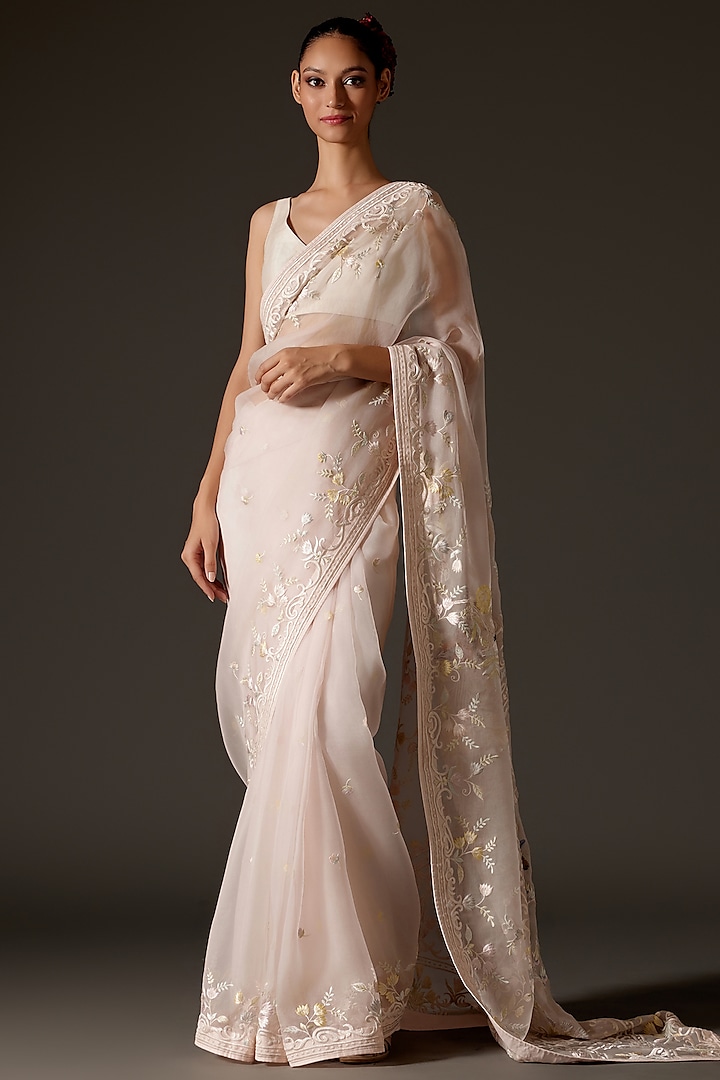 Powder Pink Organza Hand Embroidered Saree Set by Rohit Bal at Pernia's Pop Up Shop