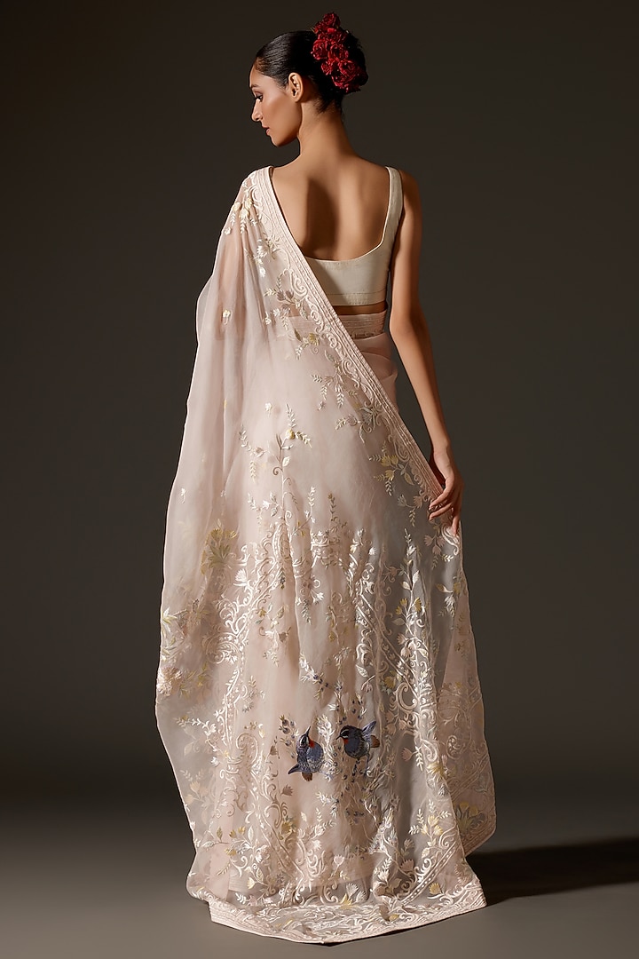 Powder Pink Organza Hand Embroidered Reception Saree Set by Rohit Bal at Pernia's Pop Up Shop