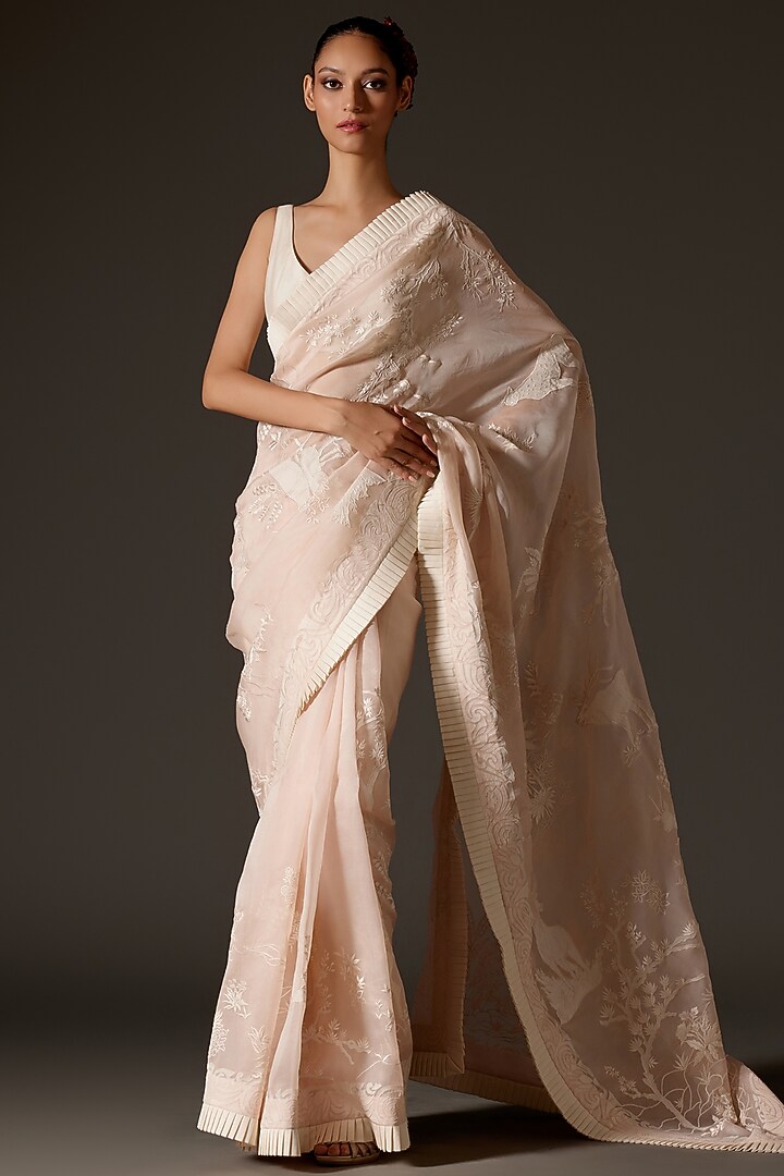 Powder Pink Organza Hand Embroidered Reception Saree Set by Rohit Bal at Pernia's Pop Up Shop