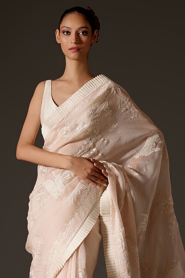 Powder Pink Organza Hand Embroidered Reception Saree Set by Rohit Bal at Pernia's Pop Up Shop