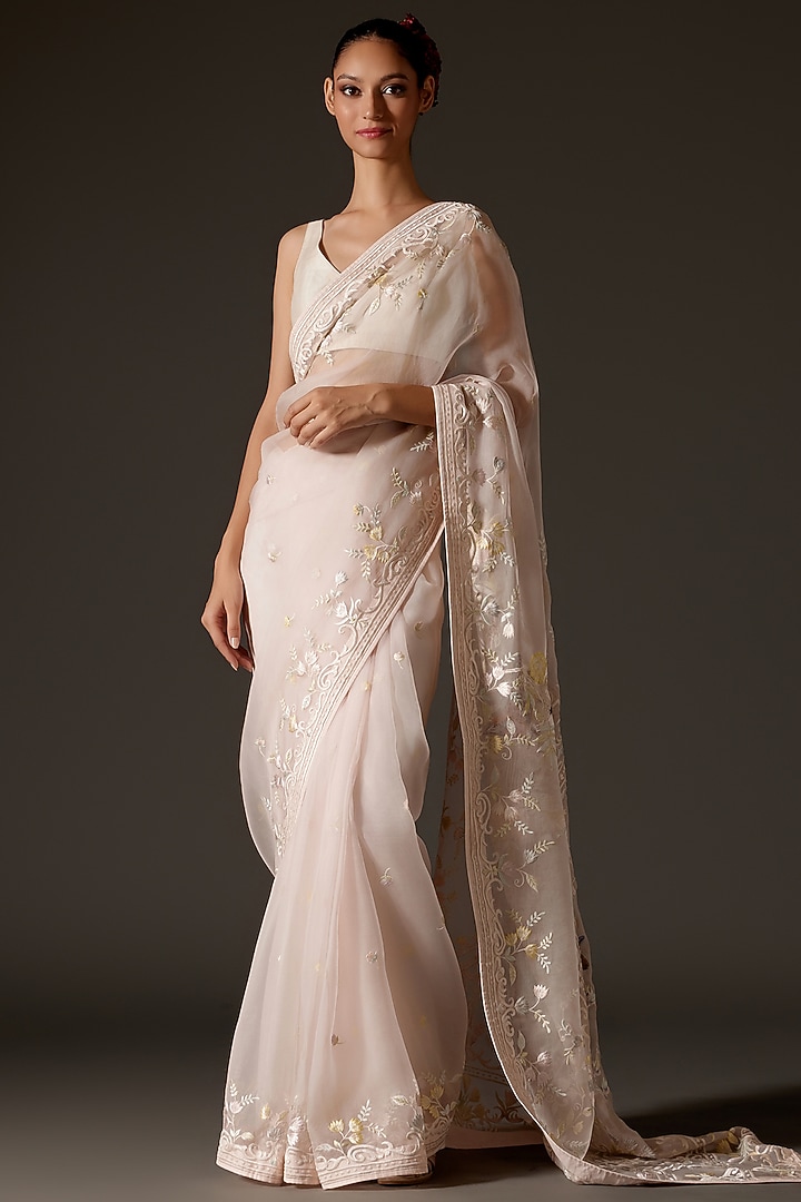 Powder Pink Organza Frilled Bridal Saree Set by Rohit Bal at Pernia's Pop Up Shop