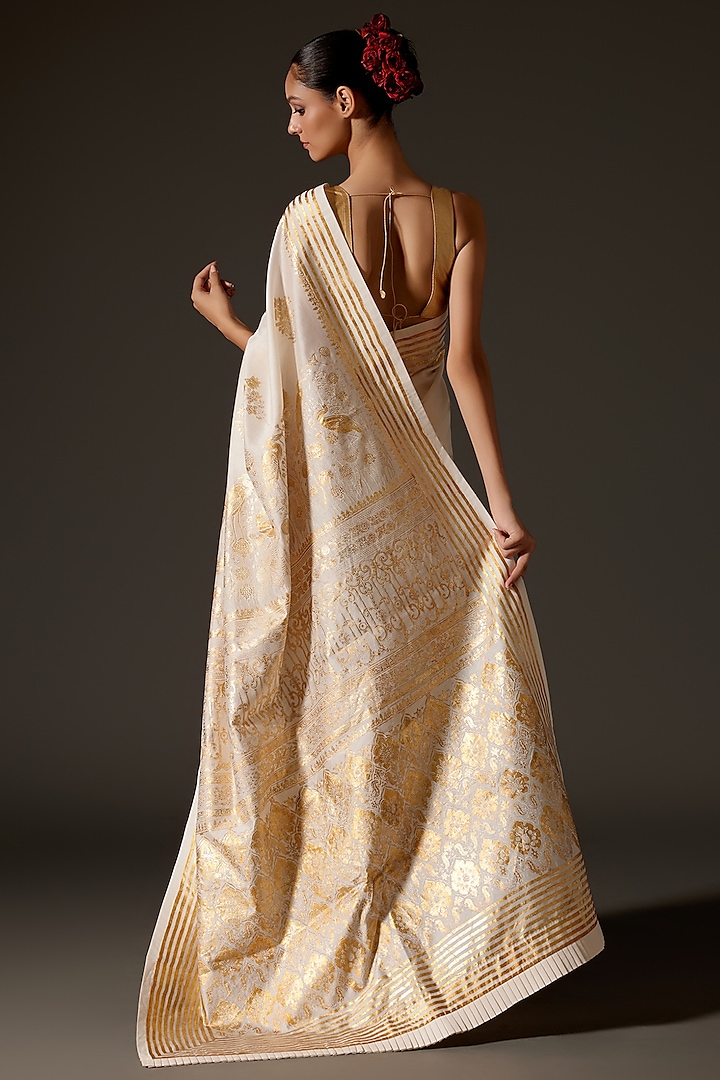 Ivory Chanderi Foil Printed Wedding Saree Set by Rohit Bal at Pernia's Pop Up Shop