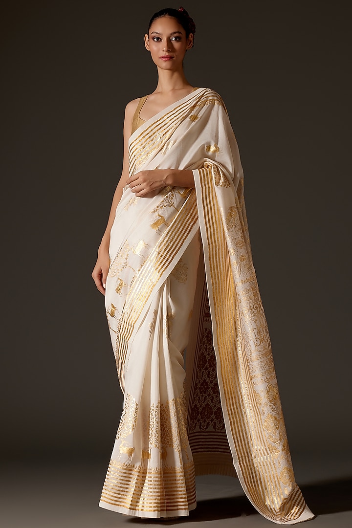 Ivory Chanderi Foil Printed Wedding Saree Set by Rohit Bal at Pernia's Pop Up Shop