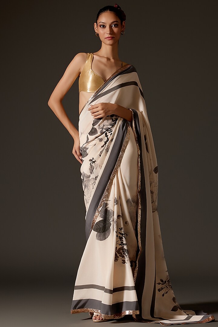 Ivory Crepe Digital Printed Saree Set by Rohit Bal at Pernia's Pop Up Shop