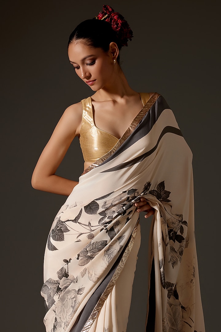 Ivory Crepe Digital Printed Wedding Saree Set by Rohit Bal at Pernia's Pop Up Shop
