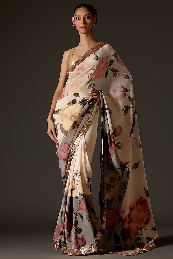 Ivory Crepe Digital Printed Saree Set by Rohit Bal at Pernia's Pop Up Shop