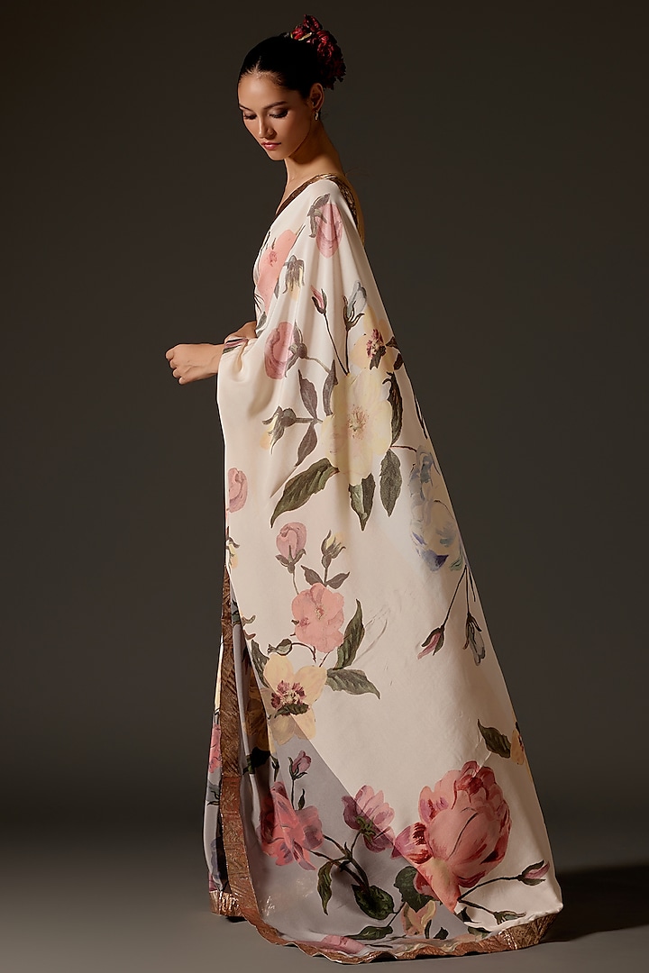 Ivory Crepe Digital Printed Wedding Saree Set by Rohit Bal at Pernia's Pop Up Shop
