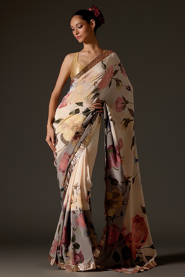 Ivory Crepe Digital Printed Wedding Saree Set by Rohit Bal at Pernia's Pop Up Shop