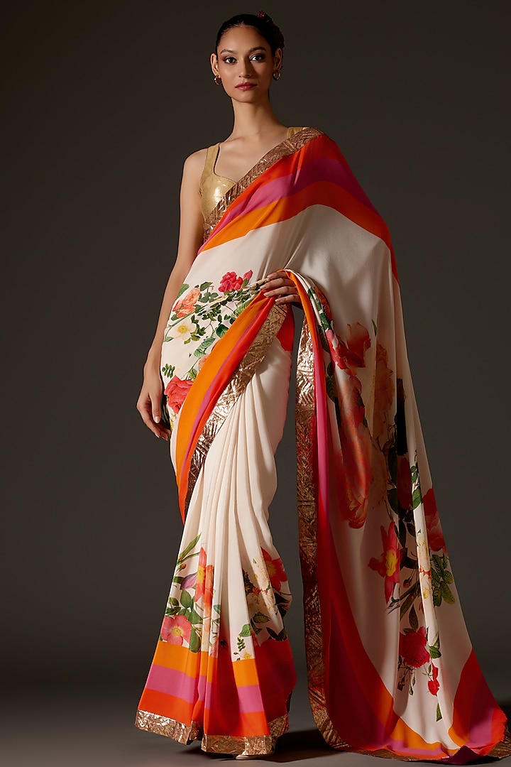 Ivory Crepe Digital Printed Saree Set by Rohit Bal at Pernia's Pop Up Shop