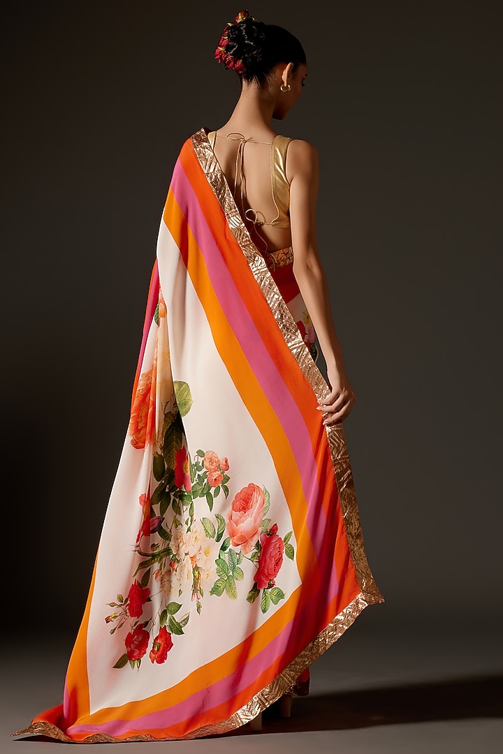 Ivory Crepe Digital Printed Wedding Saree Set by Rohit Bal at Pernia's Pop Up Shop