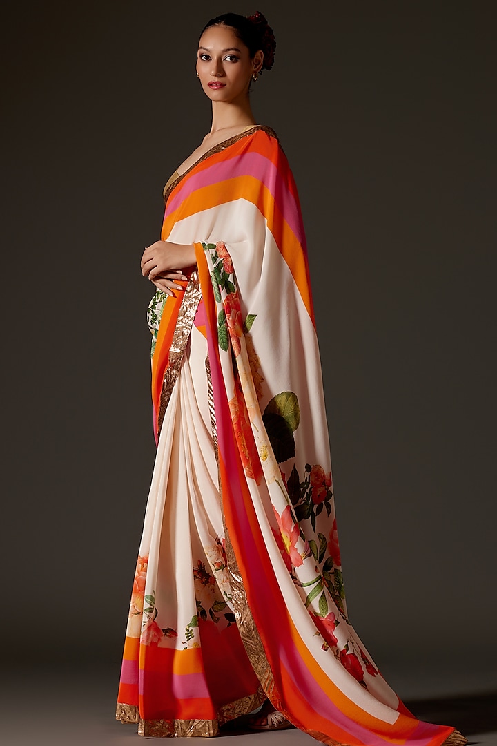 Ivory Crepe Digital Printed Wedding Saree Set by Rohit Bal at Pernia's Pop Up Shop