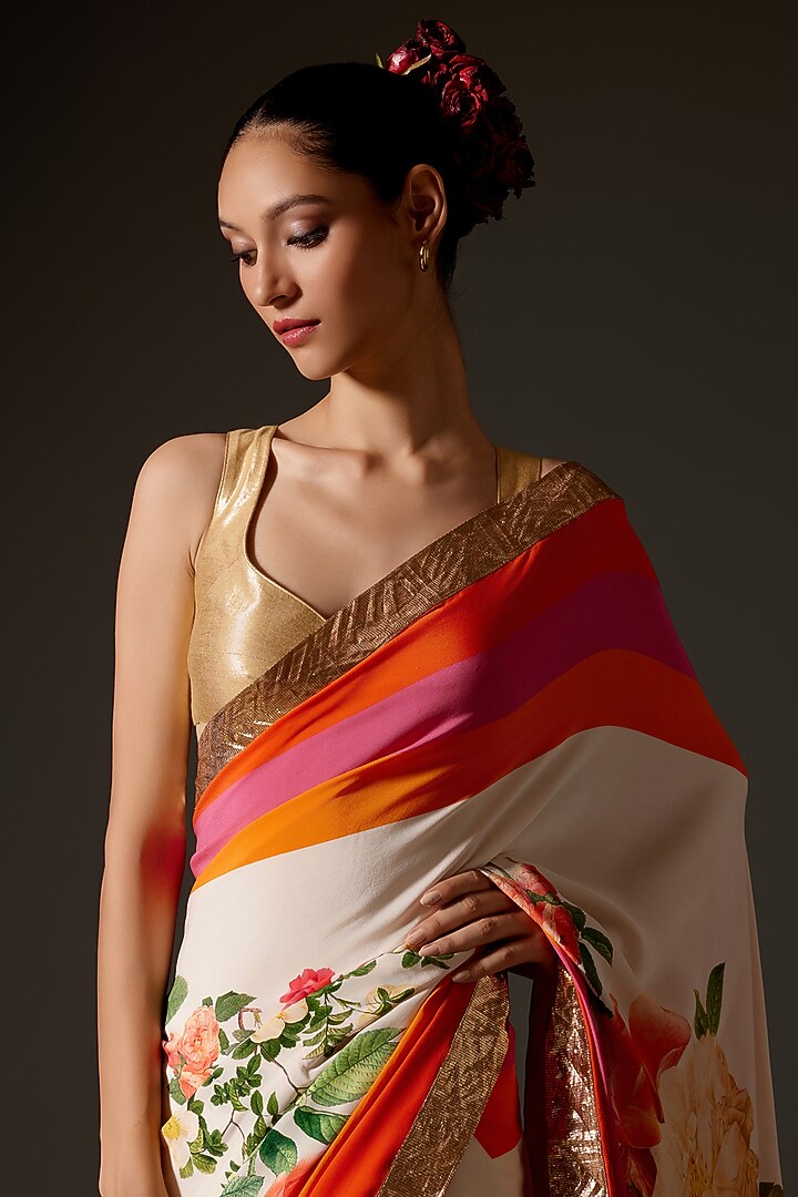 Ivory Crepe Digital Printed Wedding Saree Set by Rohit Bal at Pernia's Pop Up Shop