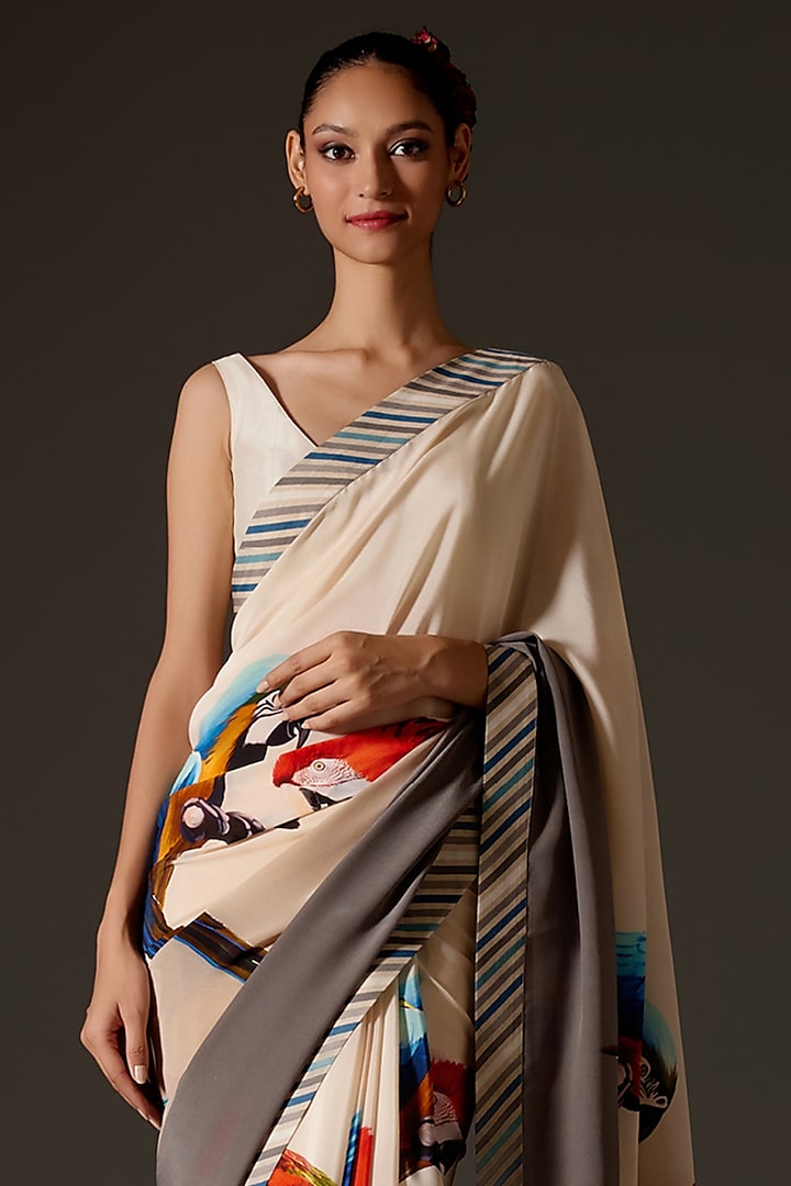 Ivory Crepe Digital Printed Wedding Saree Set by Rohit Bal at Pernia's Pop Up Shop