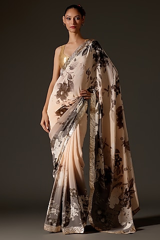 Ivory Crepe Floral Digital Printed Saree Set by Rohit Bal