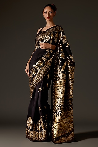 Black Chanderi Foil Printed Saree Set by Rohit Bal