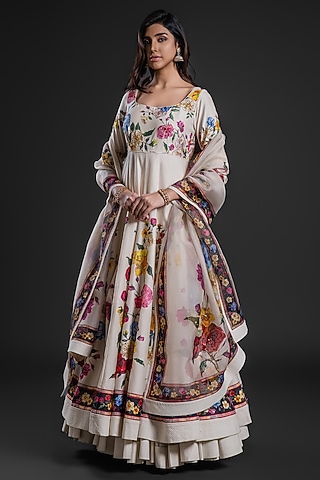 Ivory Chanderi Floral Digital Printed & Embroidered Anarkali Set by Rohit Bal