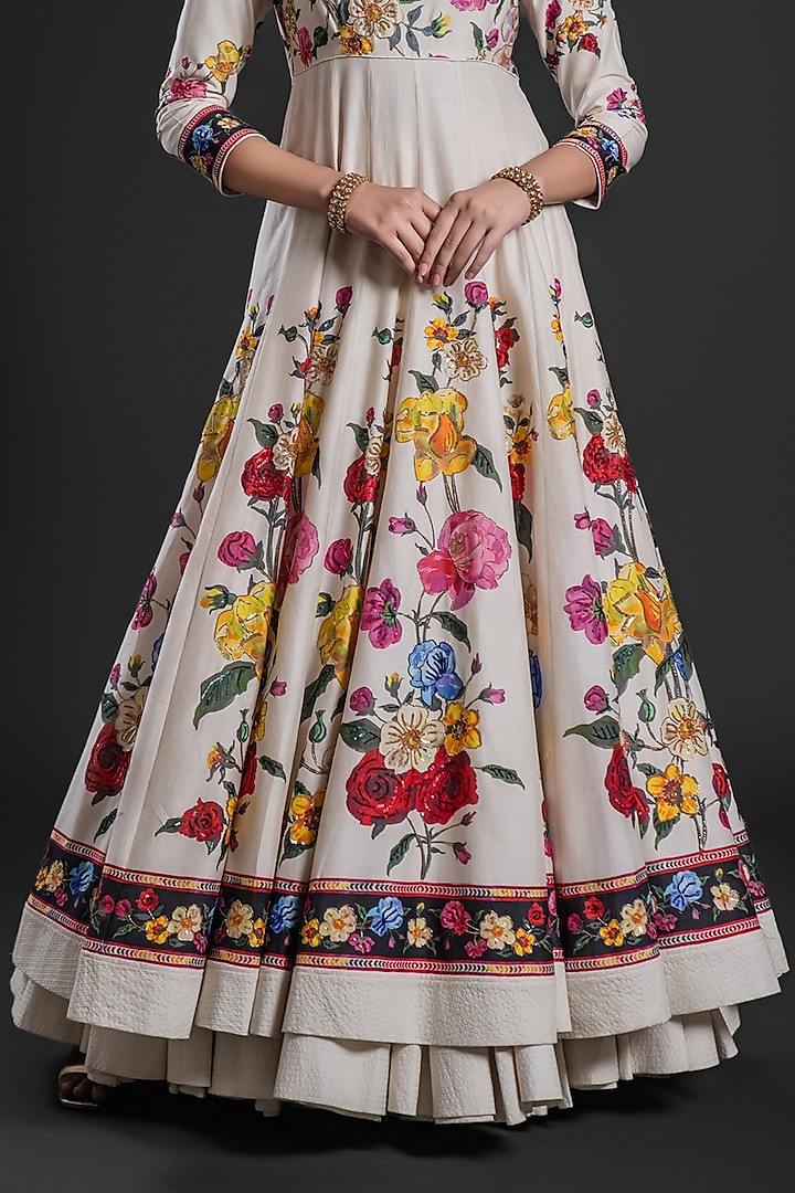 Ivory Chanderi Floral Digital Printed & Embroidered Bridal Anarkali Set by Rohit Bal at Pernia's Pop Up Shop