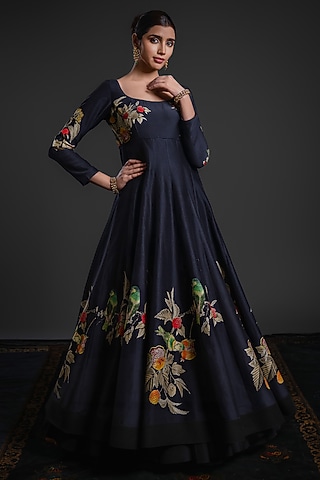 Black Chanderi Dye Printed & Hand Embroidered Anarkali Set by Rohit Bal