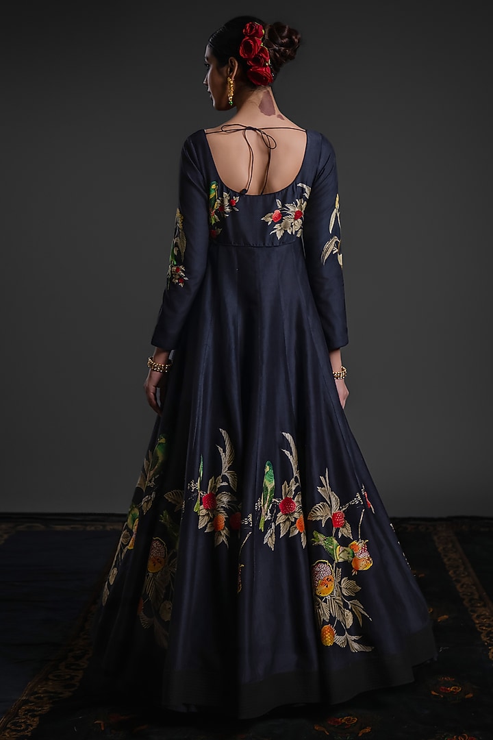 Black Chanderi Dye Printed & Hand Embroidered Bridal Anarkali Set by Rohit Bal at Pernia's Pop Up Shop