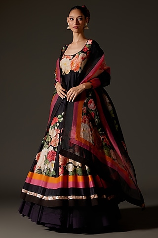 Black Chanderi Digital Printed & Hand Embroidered Anarkali Set by Rohit Bal