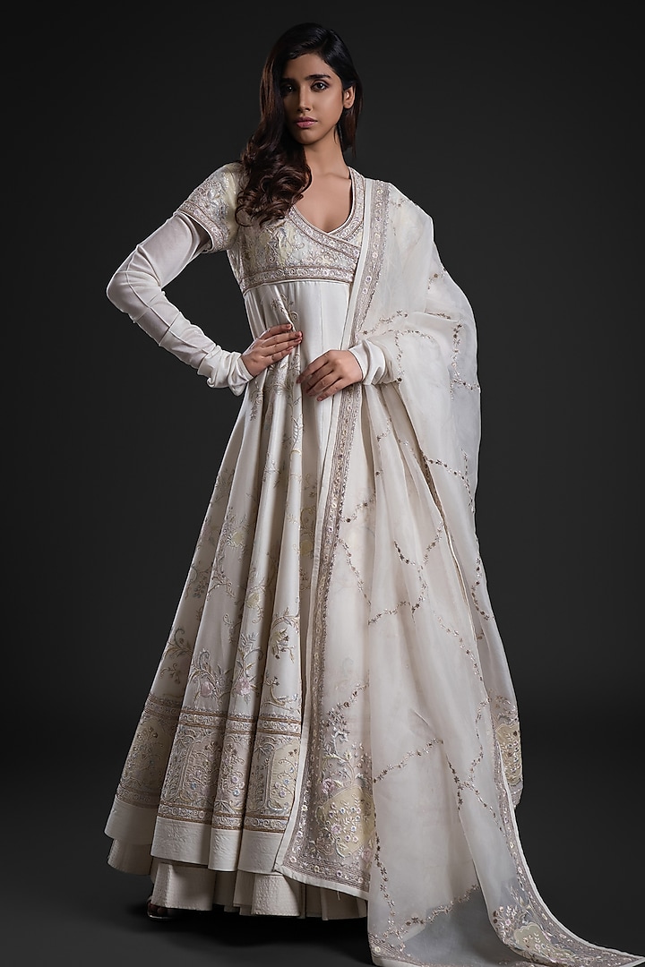 Ivory Chanderi Dye Printed Anarkali Set by Rohit Bal at Pernia's Pop Up Shop