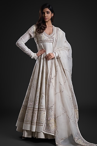 Ivory Chanderi Dye Printed Anarkali Set by Rohit Bal