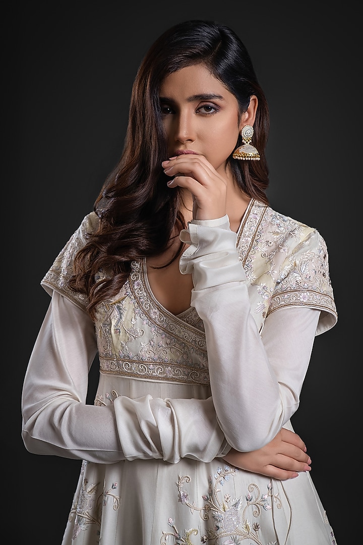 Ivory Chanderi Dye Printed Bridal Anarkali Set by Rohit Bal at Pernia's Pop Up Shop