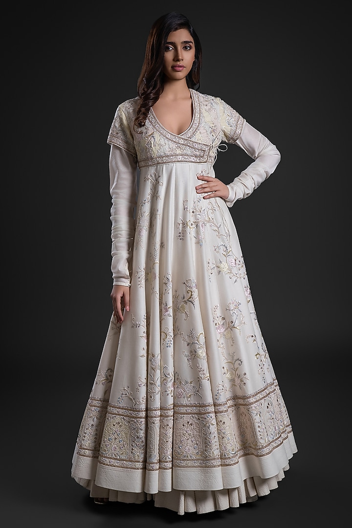 Ivory Chanderi Dye Printed Bridal Anarkali Set by Rohit Bal at Pernia's Pop Up Shop