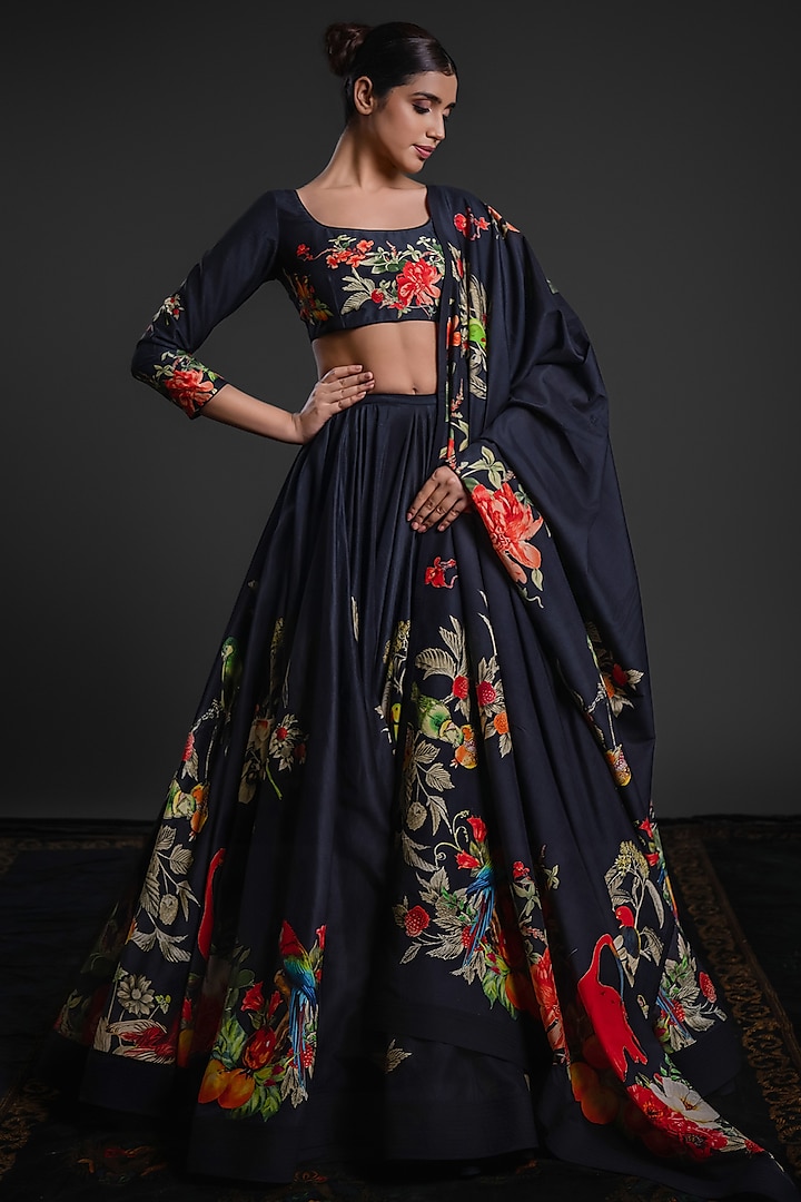 Black Chanderi Dye Printed & Hand Embroidered Wedding Lehenga Set by Rohit Bal at Pernia's Pop Up Shop