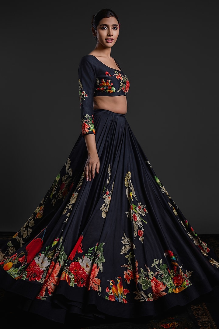 Black Chanderi Dye Printed & Hand Embroidered Wedding Lehenga Set by Rohit Bal at Pernia's Pop Up Shop