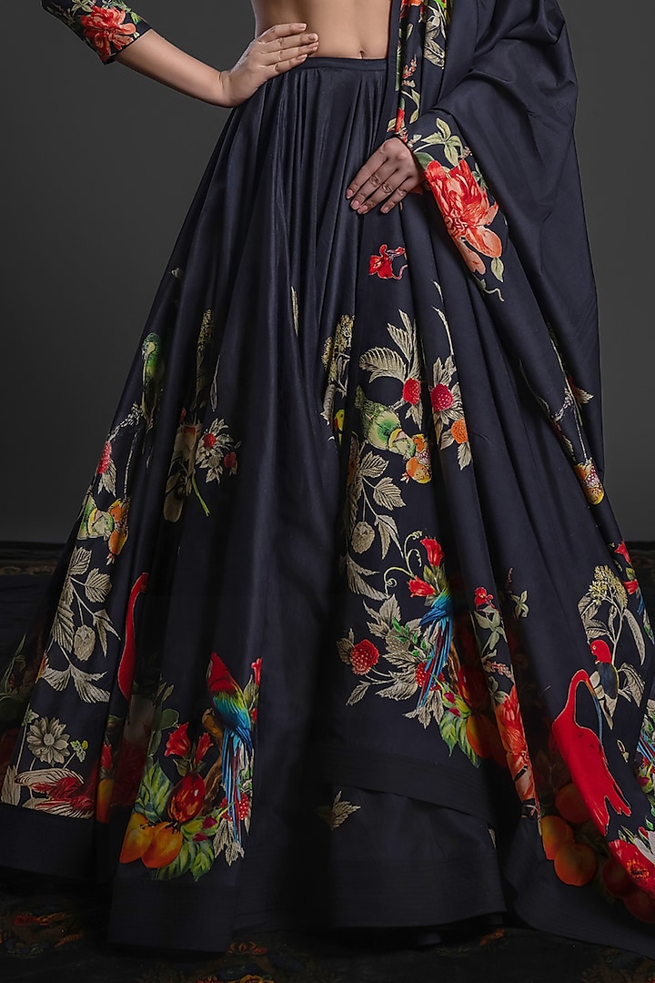 Black Chanderi Dye Printed & Hand Embroidered Wedding Lehenga Set by Rohit Bal at Pernia's Pop Up Shop