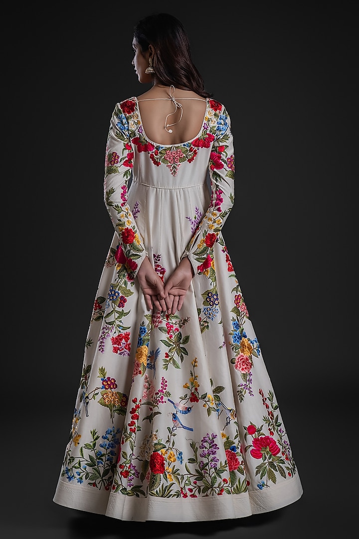 Ivory Chanderi Dye Printed & Hand Embroidered Bridal Anarkali Set by Rohit Bal at Pernia's Pop Up Shop
