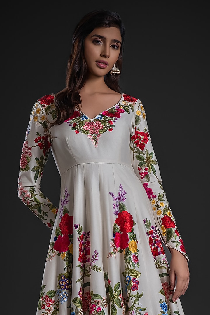 Ivory Chanderi Dye Printed & Hand Embroidered Bridal Anarkali Set by Rohit Bal at Pernia's Pop Up Shop