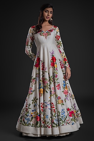 Ivory Chanderi Dye Printed & Hand Embroidered Anarkali Set by Rohit Bal