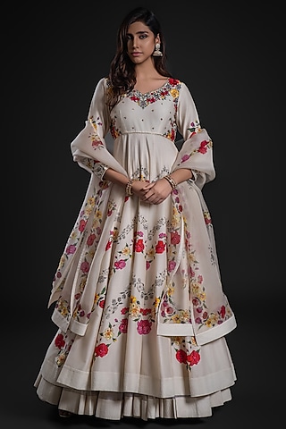Ivory Chanderi Dye Printed & Hand Embroidered Anarkali Set by Rohit Bal