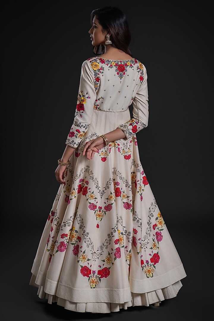 Ivory Chanderi Dye Printed & Hand Embroidered Bridal Anarkali Set by Rohit Bal at Pernia's Pop Up Shop