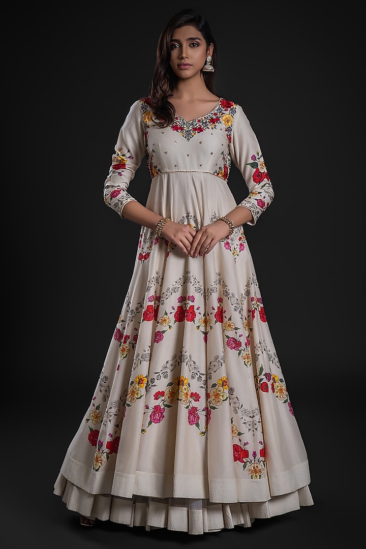 Ivory Chanderi Dye Printed & Hand Embroidered Bridal Anarkali Set by Rohit Bal at Pernia's Pop Up Shop