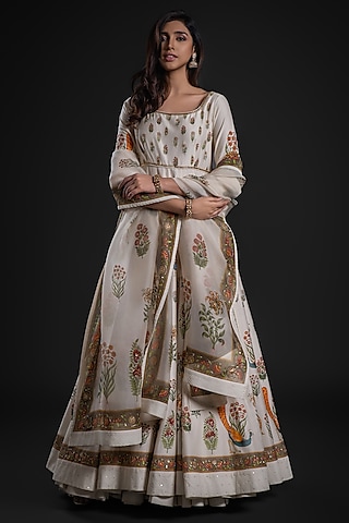 Ivory Chanderi Dye Printed & Hand Embroidered Anarkali Set by Rohit Bal