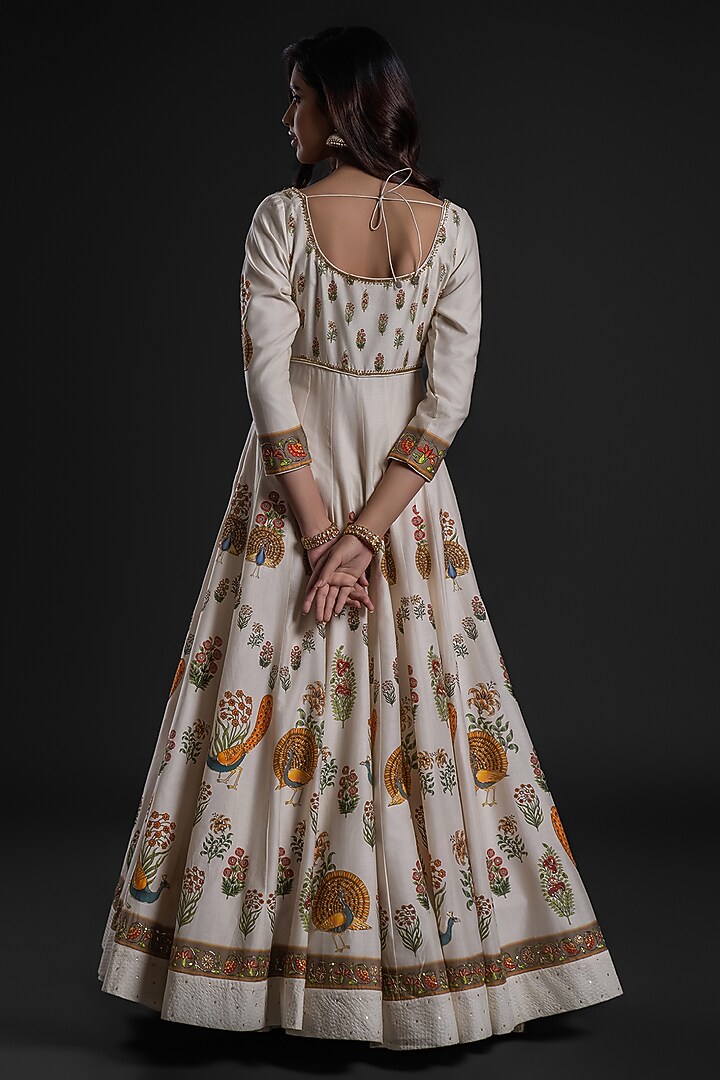Ivory Chanderi Dye Printed & Hand Embroidered Bridal Anarkali Set by Rohit Bal at Pernia's Pop Up Shop