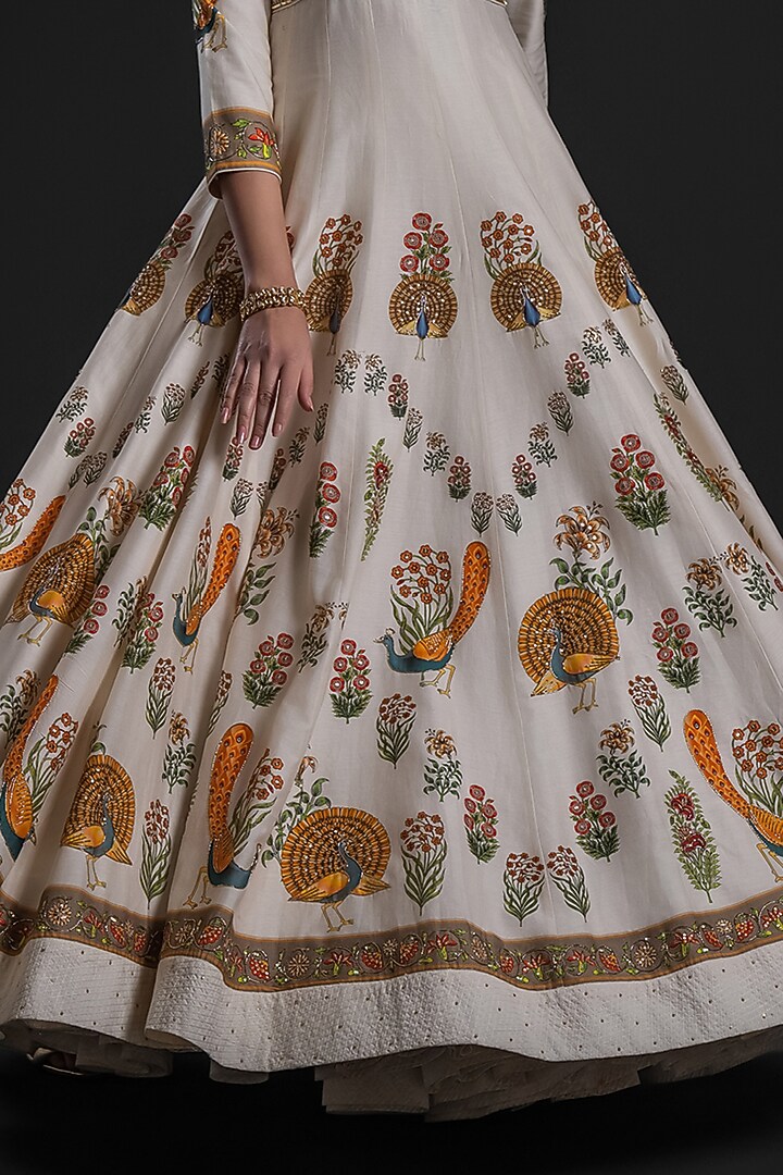 Ivory Chanderi Dye Printed & Hand Embroidered Bridal Anarkali Set by Rohit Bal at Pernia's Pop Up Shop