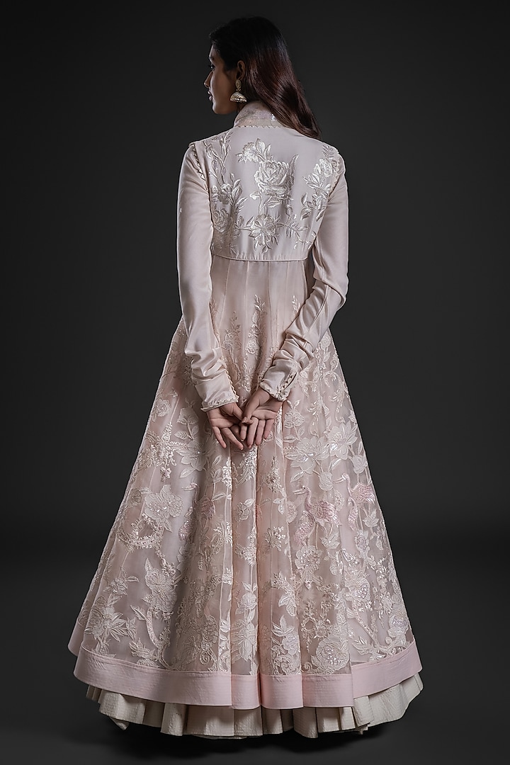 Pink Organza Applique Hand Embroidered Bridal Anarkali Set by Rohit Bal at Pernia's Pop Up Shop