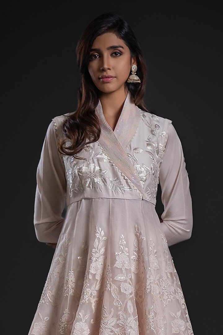 Pink Organza Applique Hand Embroidered Bridal Anarkali Set by Rohit Bal at Pernia's Pop Up Shop