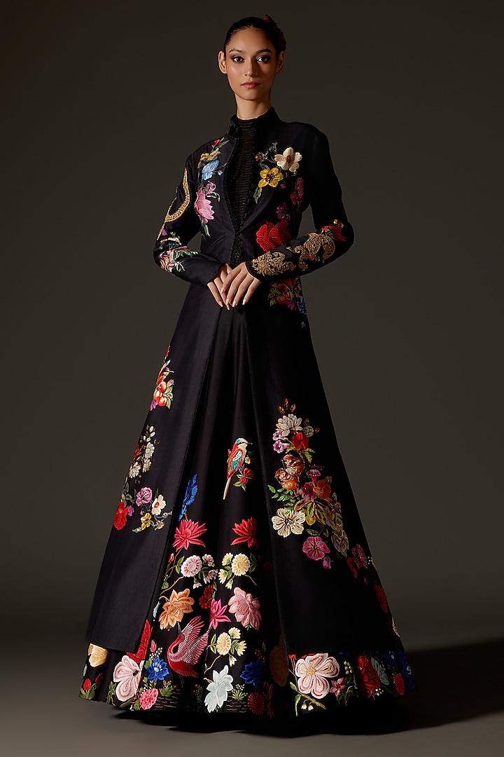 Black Chanderi Machine Embroidered Long Jacket by Rohit Bal at Pernia's Pop Up Shop